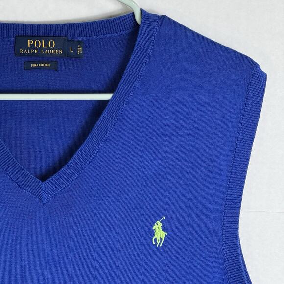 Polo Ralph Lauren Sweater Vest Large Mens Blue Golf Pima Cotton Soft Knit Preppy - Picture 1 of 8